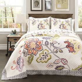 King size 3 Piece Floral Boho Cotton Off-White Navy Pastel Quilt Set