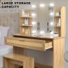 Vanity Desk Set Stool & Dressing Table with LED Lighting Mirror Drawer and Compartments Modern Wood Cosmetic Table Chest of Drawers Nature Color