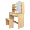 Vanity Desk Set Stool & Dressing Table with LED Lighting Mirror Drawer and Compartments Modern Wood Cosmetic Table Chest of Drawers Nature Color