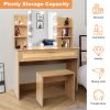 Vanity Desk Set Stool & Dressing Table with LED Lighting Mirror Drawer and Compartments Modern Wood Cosmetic Table Chest of Drawers Nature Color