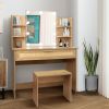 Vanity Desk Set Stool & Dressing Table with LED Lighting Mirror Drawer and Compartments Modern Wood Cosmetic Table Chest of Drawers Nature Color