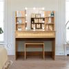 Vanity Desk Set Stool & Dressing Table with LED Lighting Mirror Drawer and Compartments Modern Wood Cosmetic Table Chest of Drawers Nature Color