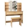 Vanity Desk Set Stool & Dressing Table with LED Lighting Mirror Drawer and Compartments Modern Wood Cosmetic Table Chest of Drawers Nature Color