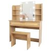 Vanity Desk Set Stool & Dressing Table with LED Lighting Mirror Drawer and Compartments Modern Wood Cosmetic Table Chest of Drawers Nature Color