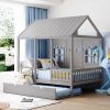 Full Size Wood House Bed With Twin Size Trundle, Wooden Daybed