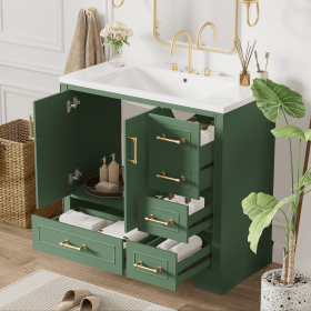 36-inch Traditional Bathroom Vanity with Resin Sink Combo Set,Bathroom Cabinet with Two Doors and Four Drawers (Color: Green)