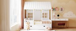 Full Size Wood House Bed With Twin Size Trundle, Wooden Daybed